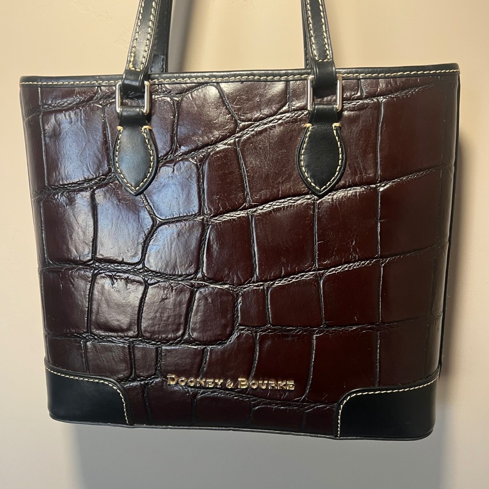 Dooney & Bourke Denison Brielle Espresso Croc Embossed Leather Tote Black Trim